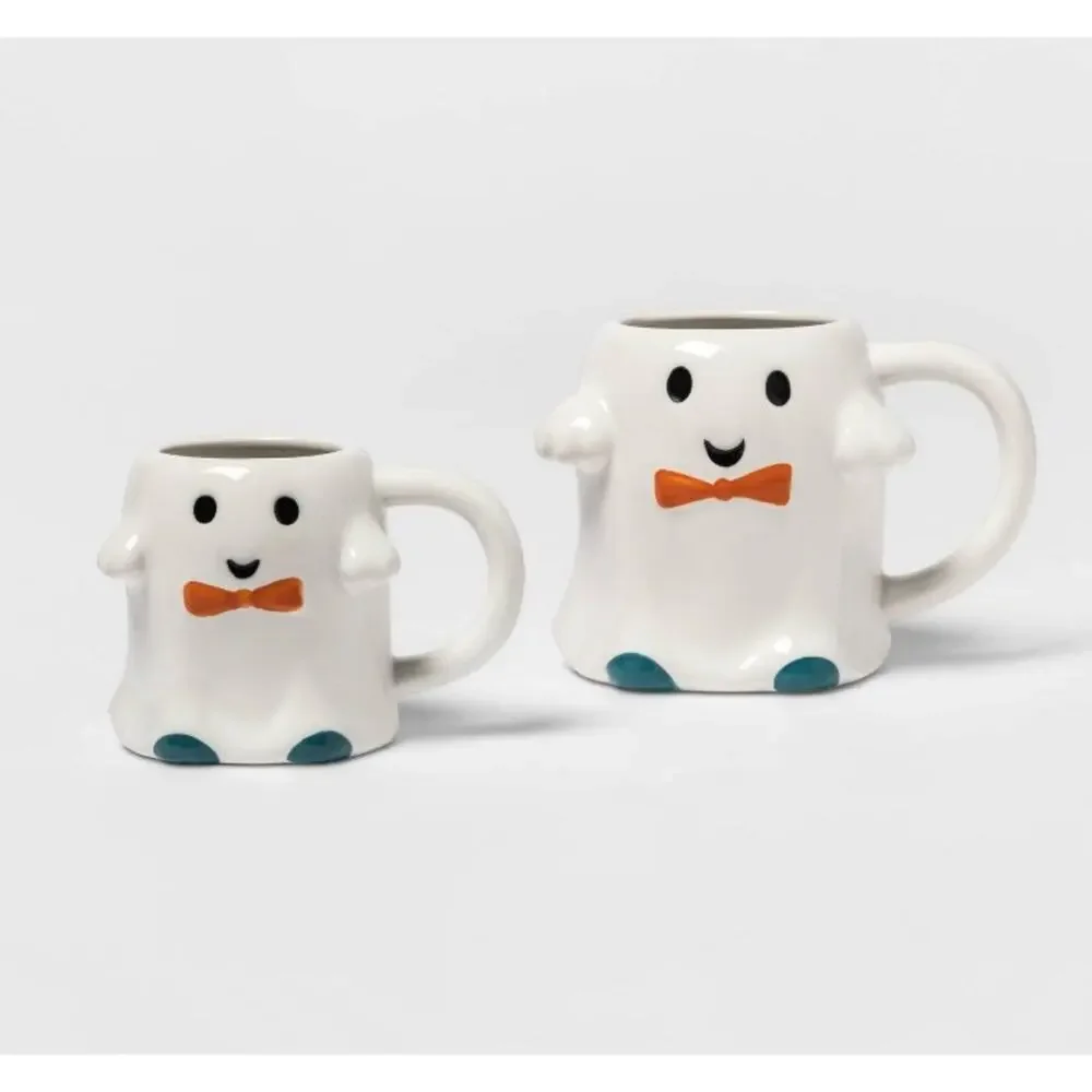 Set of 2 Hyde & Eek Halloween Ghost In Bow Tie Mugs Large & Mini Mommy & Me